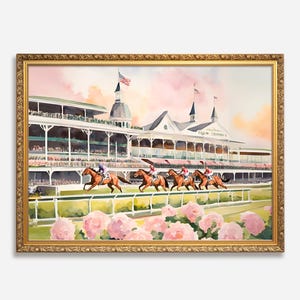 Horse Racing Watercolor, Spring Equestrian Wall Art, Rustic Farmhouse Digital Download, Gift for Horse Lover