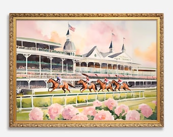 Horse Racing Watercolor, Spring Equestrian Wall Art, Rustic Farmhouse Digital Download, Gift for Horse Lover