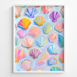 Arte mural de conchas marinas, arte digital costero de verano para niños, decoración colorida para casa de playa, impresión caprichosa de océano en tonos pastel