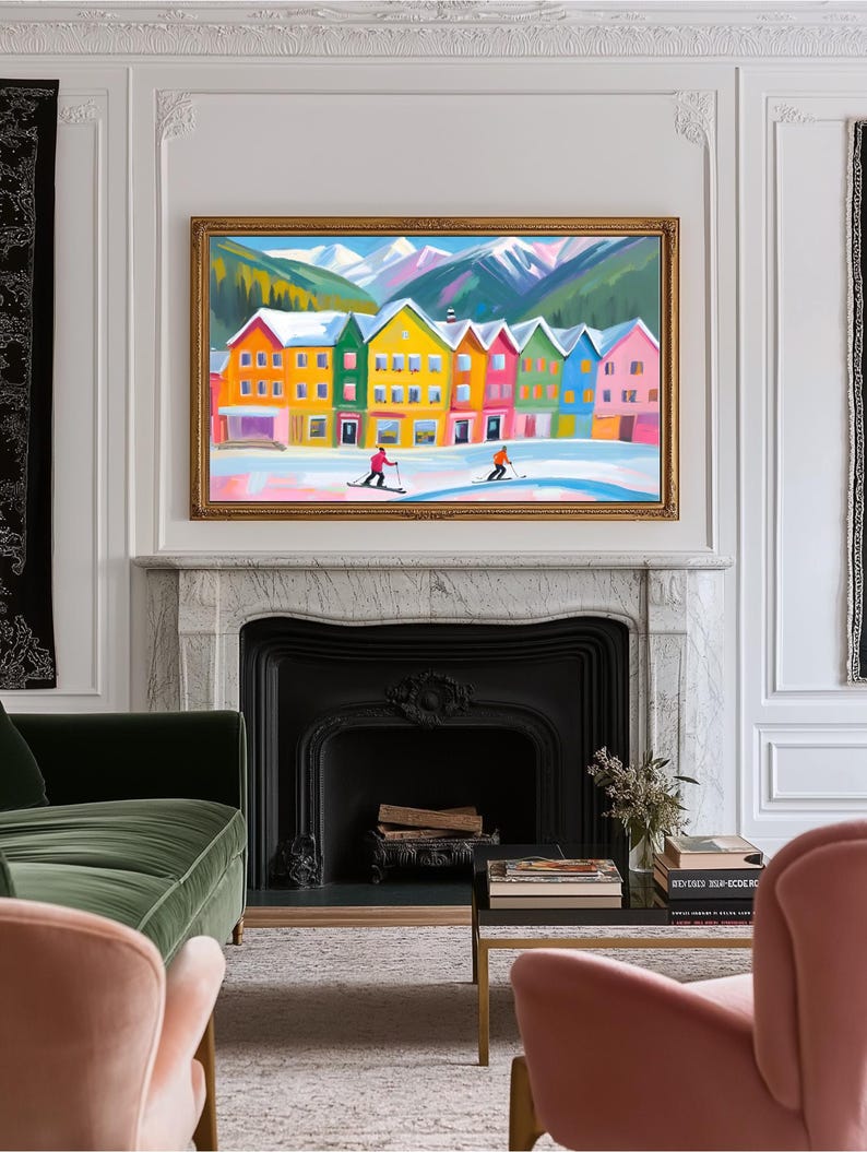 May include: A painting of a colorful row of houses in a snowy mountain village. The houses are painted in shades of yellow, green, blue, and pink. Two people are skiing in the snow in front of the houses.