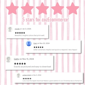 Puede incluir: Cinco estrellas rosas con el texto "5 estrellas para cozEcommerce!"  Cuatro rese&ntilde;as de clientes con cinco estrellas cada una. Las rese&ntilde;as son de Nicole, Cam, Cathy y Ambermlight. Las rese&ntilde;as son positivas y mencionan la calidad del producto, el servicio al cliente y la facilidad de uso.