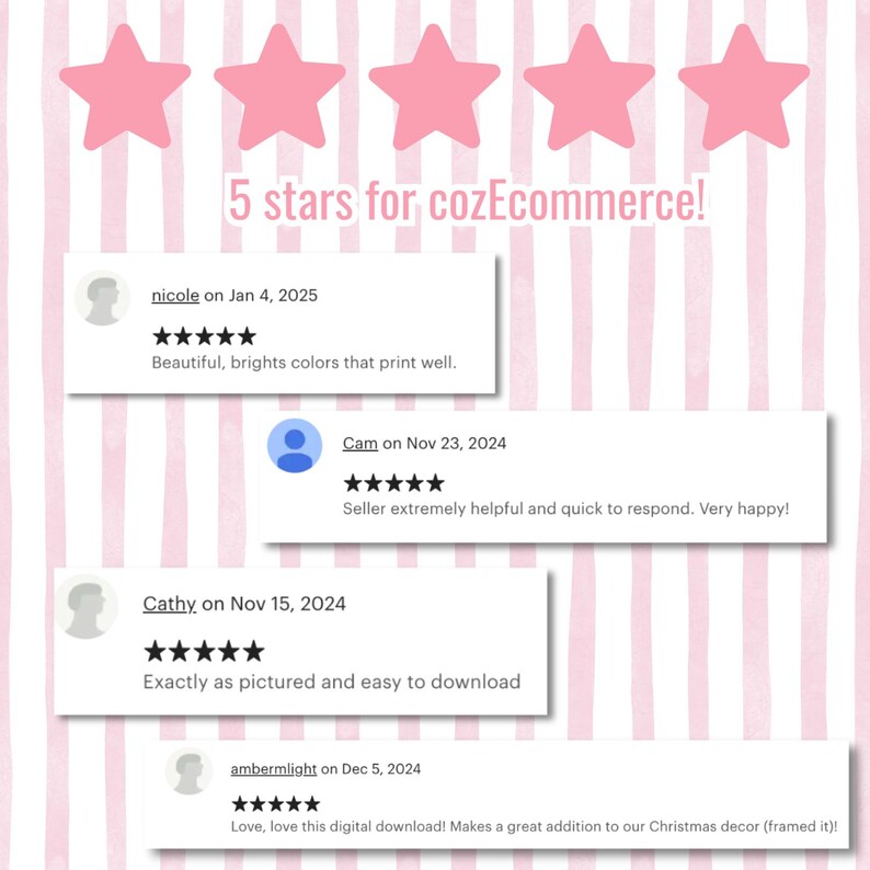 Puede incluir: Cinco estrellas rosas con el texto "5 estrellas para cozEcommerce!"  Cuatro rese&ntilde;as de clientes con cinco estrellas cada una. Las rese&ntilde;as son de Nicole, Cam, Cathy y Ambermlight. Las rese&ntilde;as son positivas y mencionan la calidad del producto, el servicio al cliente y la facilidad de uso.
