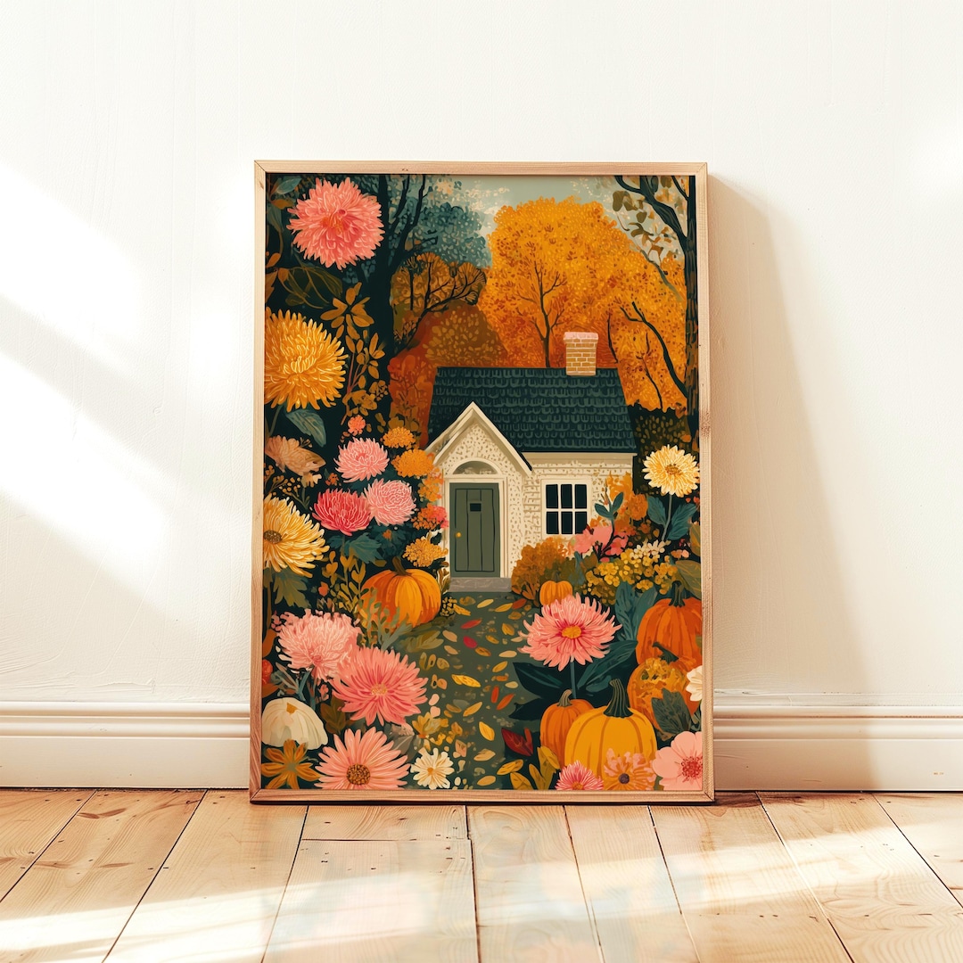 Whimsical Fall Cottage Scene, Rustic Fall Garden Art, Printable Floral ...