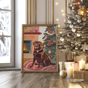 Chocolate Lab Christmas Wall Art, Digital Dog Print, Holiday Pet Decor, Labrador Retriever in Front of Christmas Tree Printable image 4