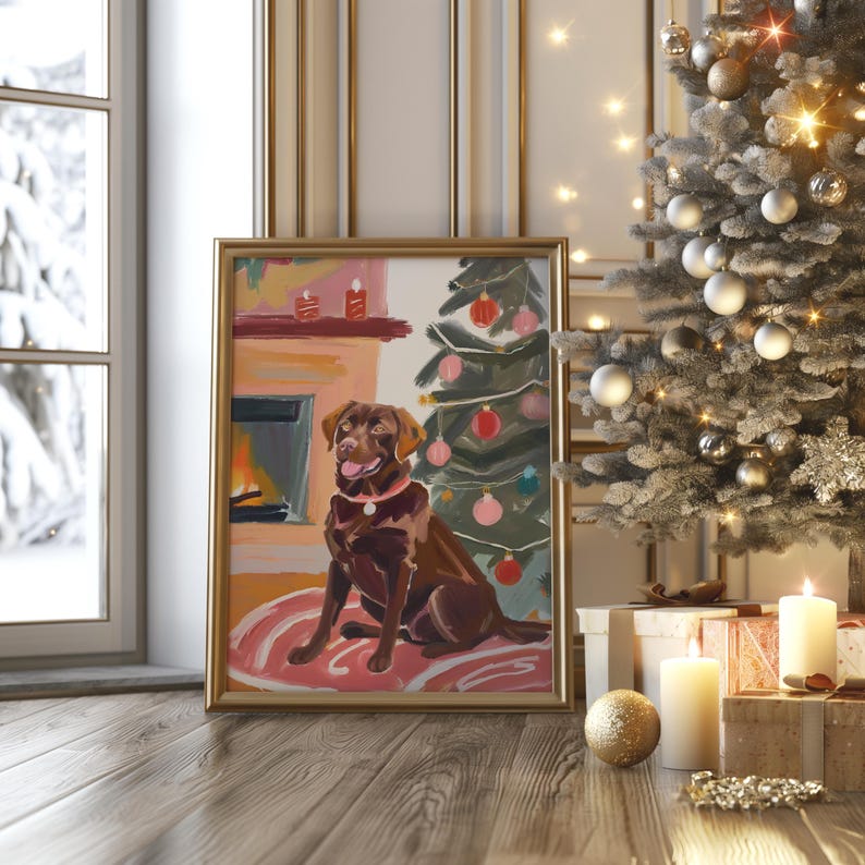 Chocolate Lab Christmas Wall Art, Digital Dog Print, Holiday Pet Decor, Labrador Retriever in Front of Christmas Tree Printable image 4