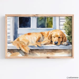 Arte de pared en acuarela de un golden retriever durmiendo, impresión digital de un perro de granja rústica, regalo para amantes de los animales, pintura neutra, retriever caprichoso