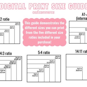 Puede incluir: Una gu&iacute;a de tama&ntilde;o de impresi&oacute;n digital con cinco relaciones de aspecto diferentes: 3:2, 4:3, 5:4, 14:11 y A1-A4 (internacional). La gu&iacute;a muestra las dimensiones en pulgadas y cent&iacute;metros para cada relaci&oacute;n.