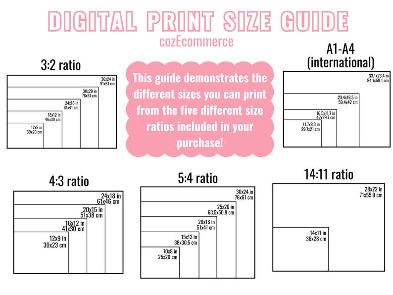 Puede incluir: Una gu&iacute;a de tama&ntilde;o de impresi&oacute;n digital con cinco relaciones de aspecto diferentes: 3:2, 4:3, 5:4, 14:11 y A1-A4 (internacional). La gu&iacute;a muestra las dimensiones en pulgadas y cent&iacute;metros para cada relaci&oacute;n.