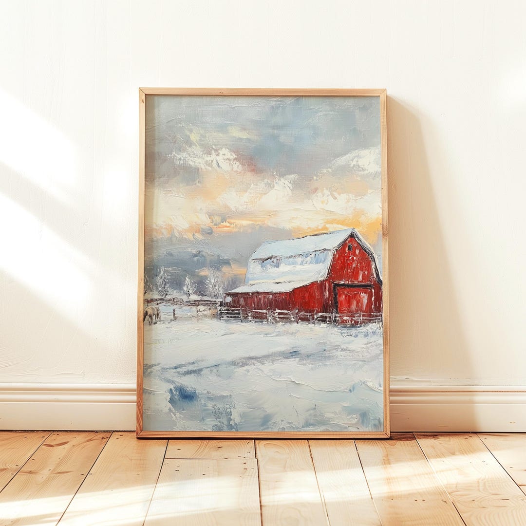 Rustic Red Barn in Winter Painting, Vintage Farmhouse Scene, Snowy ...