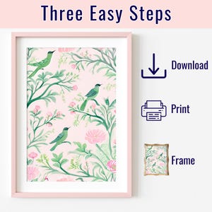 Pu&ograve; includere: Una stampa d'arte stampabile con uno sfondo rosa, foglie verdi, fiori bianchi e uccelli verdi. Il testo "Three Easy Steps" &egrave; in cima all'immagine. I passaggi sono "Scarica", "Stampa" e "Inquadra".