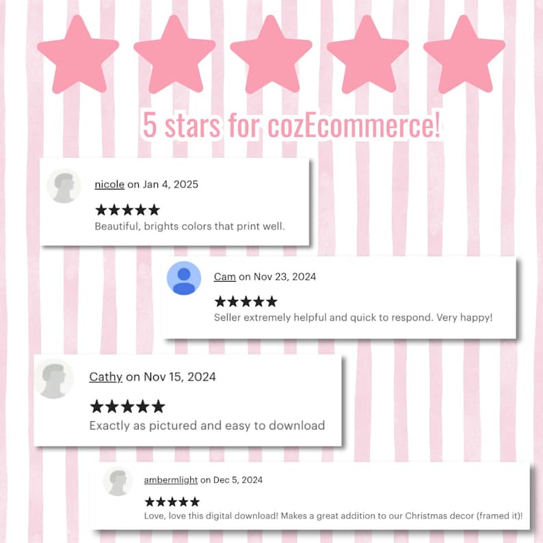 Pu&ograve; includere: Cinque stelle rosa con il testo "5 stelle per cozEcommerce!"  Quattro recensioni dei clienti con cinque stelle ciascuna. Le recensioni sono di Nicole, Cam, Cathy e Ambermlight. Le recensioni sono positive e menzionano la qualit&agrave; del prodotto, il servizio clienti e la facilit&agrave; d'uso.