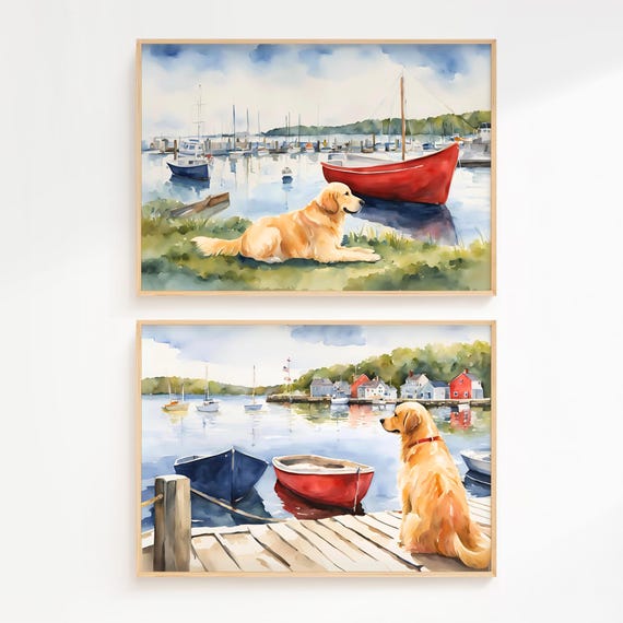 Golden Retriever Watercolor Coastal Wall Art Set of Two, Dog Beach Print Digital Download, Nautical Art for Beach and Lake House PNGs