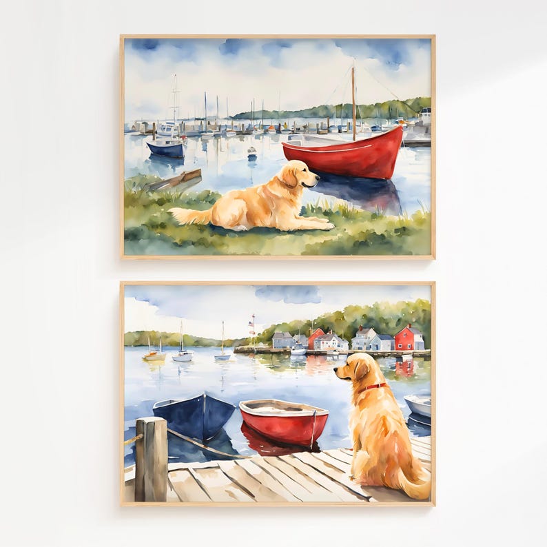 May include: Two watercolor paintings of a golden retriever dog in a waterfront setting. The top painting shows the dog sitting on a grassy hill overlooking a harbor with boats and a red rowboat. The bottom painting shows the dog sitting on a wooden dock overlooking a harbor with boats and a red rowboat. Both paintings have a light blue sky with white clouds.