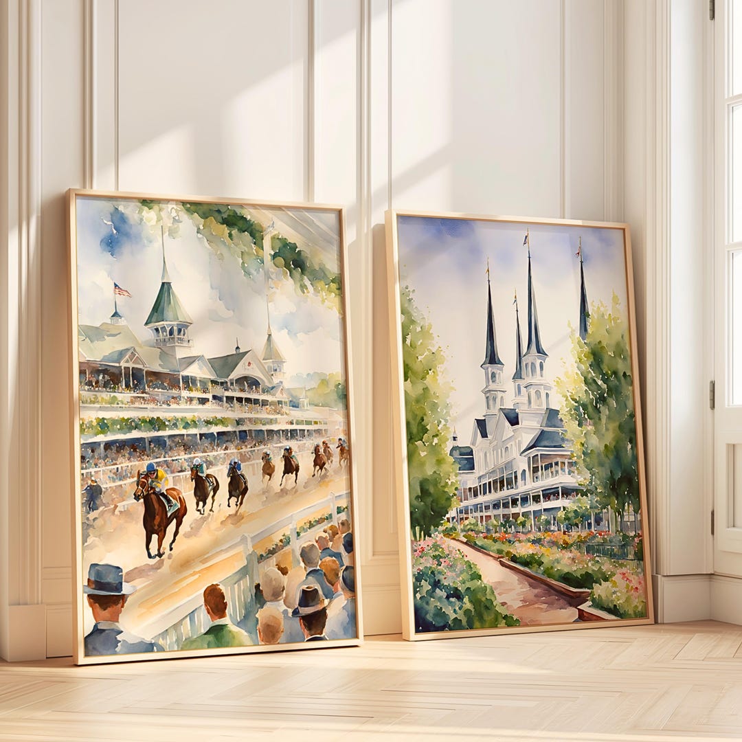 Watercolor Racing Track Horse Track Watercolor Print Set of Two, Horse Racing High Res Digital ...