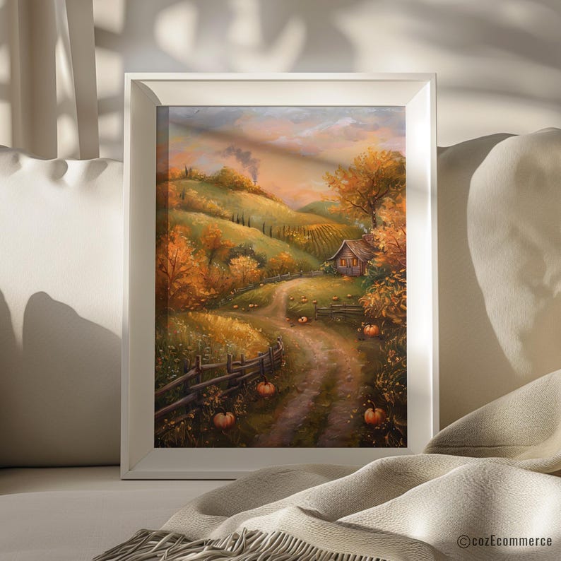 Rustic Fall Farm Printable Art , Vintage Barn Landscape, Cozy Autumn ...