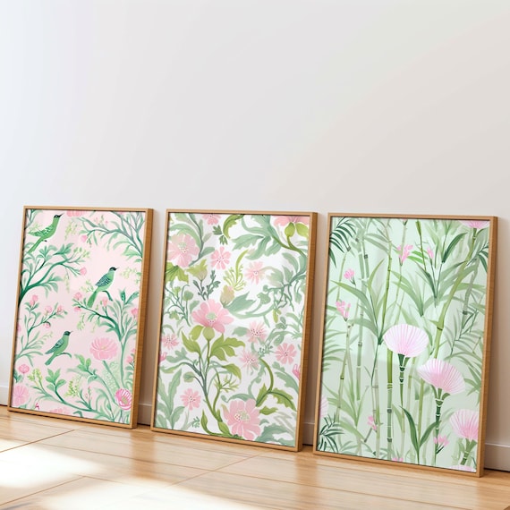 Pink and Green Chinoiserie Art, Botanical Flowers Set of Three Prints, Grand Millennial Art Gift for Her, Trendy Living Room Wall Art JPG