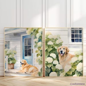 Juego de dos impresiones de hortensias de acuarela de Golden Retriever, decoración de cabaña costera para amantes de los perros.