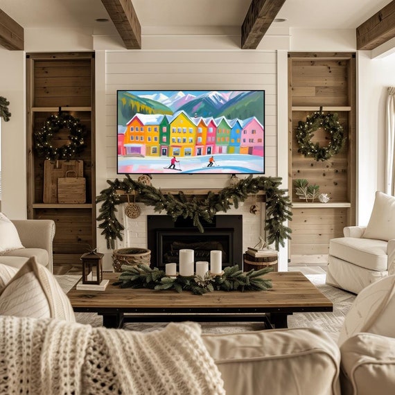 Winter Frame TV Art, Colorful Ski Samsung TV Art, Christmas Digital Download Frame Art, Ski Village Art, Oil Painting TV Frame Art