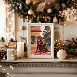 May include: A painting of a brown dog sitting in front of a fireplace and a Christmas tree. The dog is wearing a red collar and has a happy expression on its face. The painting is framed in white and has a pink background.