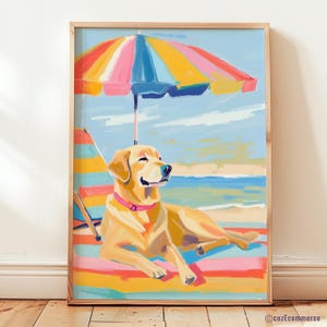 Yellow Lab on the Beach Oil Painting Print, Whimsical Dog Art, Colorful Coastal Dog Decor