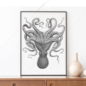 Impresión de pulpo vintage, póster de arte imprimible de kraken, descarga digital, decoración de pared con dibujo de pulpo, arte de tentáculos de casa de playa náutica