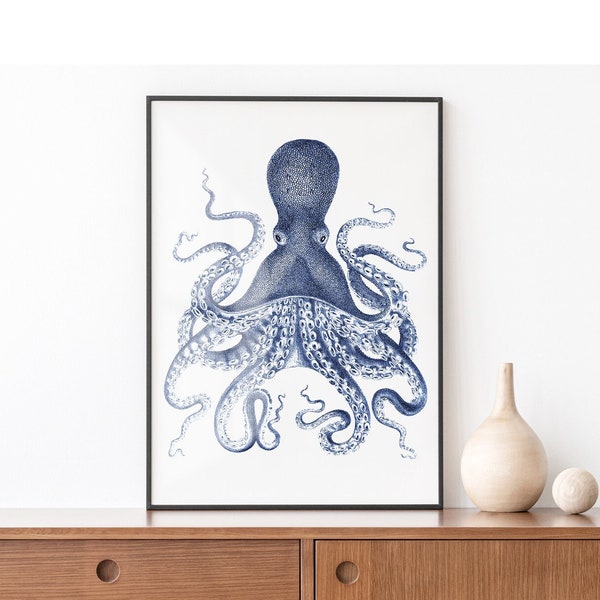Blue Octopus vintage art poster printable, Kraken Digital  Download,  Octopus drawing bathroom decor, Nautical beach house tentacles print