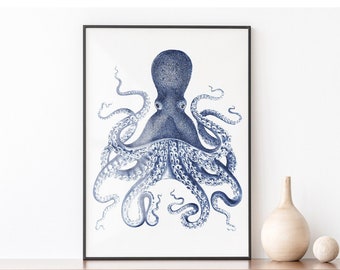 Kraken Vintage Kunst druckbare Plakat, Kraken Zeichnung, Tentakel nautisches Strandhaus Dekor