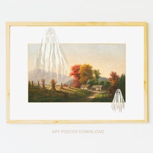 Haunting Ghosts Poster countryside village vintage style oil painting Horror Haunted ghost spooky wall Decor,creepy Fall Landscape