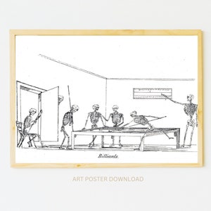 Peut inclure: Illustration en noir et blanc de squelettes jouant au billard. L'image est intitulée "Billiards".