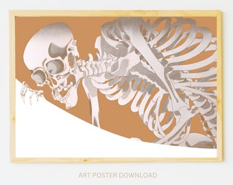 Skeleton printable poster, Haloween Vintage Japan Ukiyo-e orange wall art decor, Moody  orange Japanese fine Art print digital download