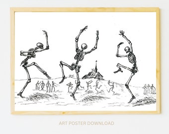 Dancing Skeletons Wall Art, funny Skeleton print, Trendy spooky indie  funky black and white festive Home decor. happy