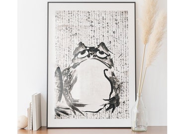Japanese Art Frog printable, sad Frog poster Digital Download, Funny ugly cute toad, Grumpy Japan Frog Print, Vintage ink wall art Wabi Sabi