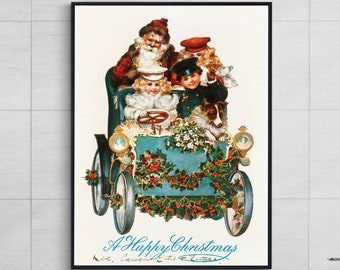 Santa Clause on  sledge sleigh wall art poster trendy Funky Decor retro .Christmas Home Decor digital download