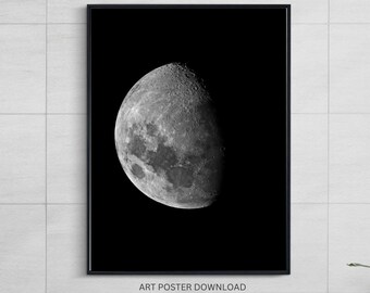 Arte de la pared del cartel de la luna, impresión de la luna, luna en blanco y negro, impresión de astronomía, arte de la pared de la luna, fotografía de la luna, La Lune