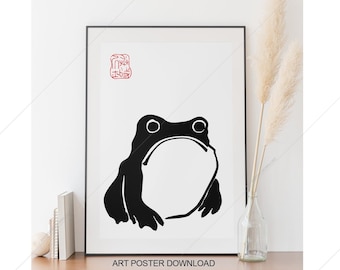 Japanese frog Print, Matsumoto Shoji art printable, funny Frog poster digital Download, sad toad, Grumpy animal Print, Vintage ink wall art