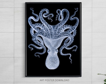 Blue Octopus vintage wall art poster printable, Black background Kraken drawing bathroom decor, Coastal Nautical beach house tentacles print