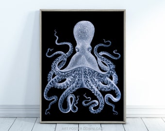 Blue Octopus vintage wall art poster printable, x-ray Black  Kraken drawing bathroom decor, Coastal Nautical beach house tentacles print
