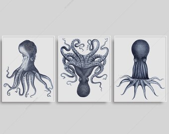 Blue Octopus print poster 3 set, Kraken Tryptic vintage wall art printable Digital Download, Indigo Nautical beach house bathroom tentacles