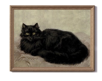 Vintage Black Cat Print, Moody Vintage Dark Academia printable digital download, Victorian Wall Art, witchy kitten oil painting