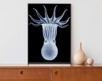Blue Octopus vintage wall art poster printable, costal Kraken drawing, inverted Octopus bathroom decor, Nautical beach house tentacles print