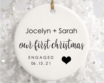 Our First Christmas Engaged with Year Porcelain Ceramic Christmas Ornament, Gay Couple, Wedding Gift, Keepsake, Couples Gift, LGBTQ, 2021