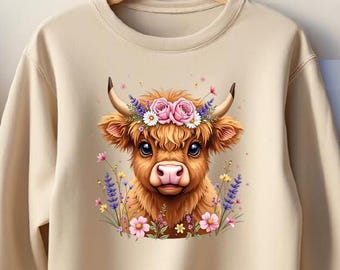 Sudadera con flores rosas de primavera de Highland Cow, camiseta de vaca linda, camiseta ecológica, camiseta de vaca floral, camiseta de vaca de primavera, camiseta de vaca divertida, camiseta bohemia.