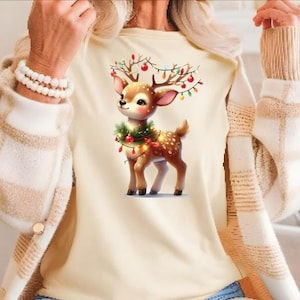 Comfort Colors® Christmas Reindeer Shirt, Retro Girly Deer Shirts, Christmas TShirts, Christmas Lights Tee, Gift for Women, Horn, Gift Idea