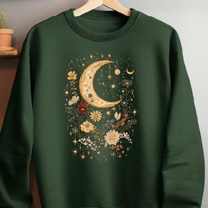 Mystic Moon And Flower Sweatshirt,Mystical Moon Phase Shirt, Boho Vintage Moon Stars Moon Shirt,Celestial Moon Sweater,Spiritual Hoodie