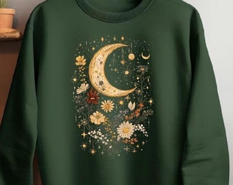 Mystic Moon And Flower Sweatshirt,Mystical Moon Phase Shirt, Boho Vintage Moon Stars Moon Shirt,Celestial Moon Sweater,Spiritual Hoodie