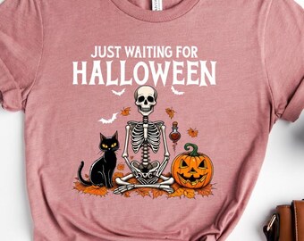 Just Waiting For Halloween Shirt, Funny Skeleton and Black Cats Pumpkin Tee, Spooky Season Autumn Leaves Shirt, Skeleton Halloween Shirt