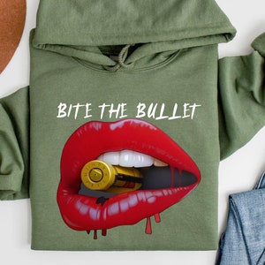 Custom Bullet Lips Sweatshirt, Lip Shirt, Red Lip Hoodie,  Bite The Bullet Shirt, Bullet Shirt, Kiss Shirt, Funny Gift, Lipstick Kiss Shirt