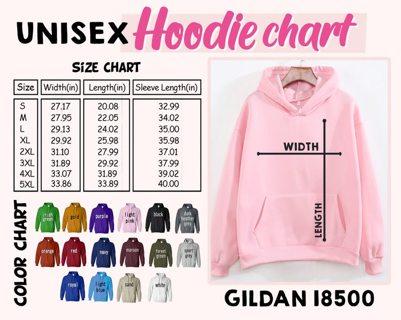 a pink hoodie with the size chart for it