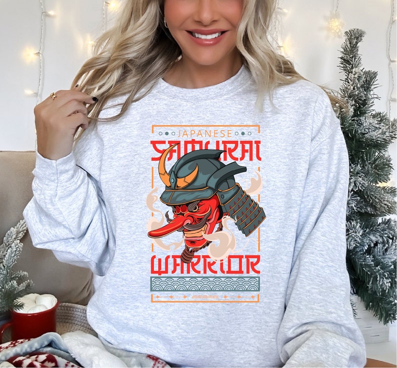 a woman wearing a japanese warrior sweatshirt