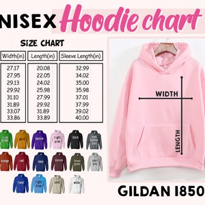 a pink hoodie with the size chart for it